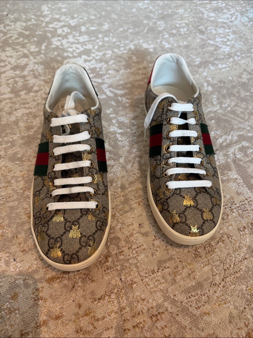 Gucci Beige/Brown GG Supreme Sneakers with Red and Green Web